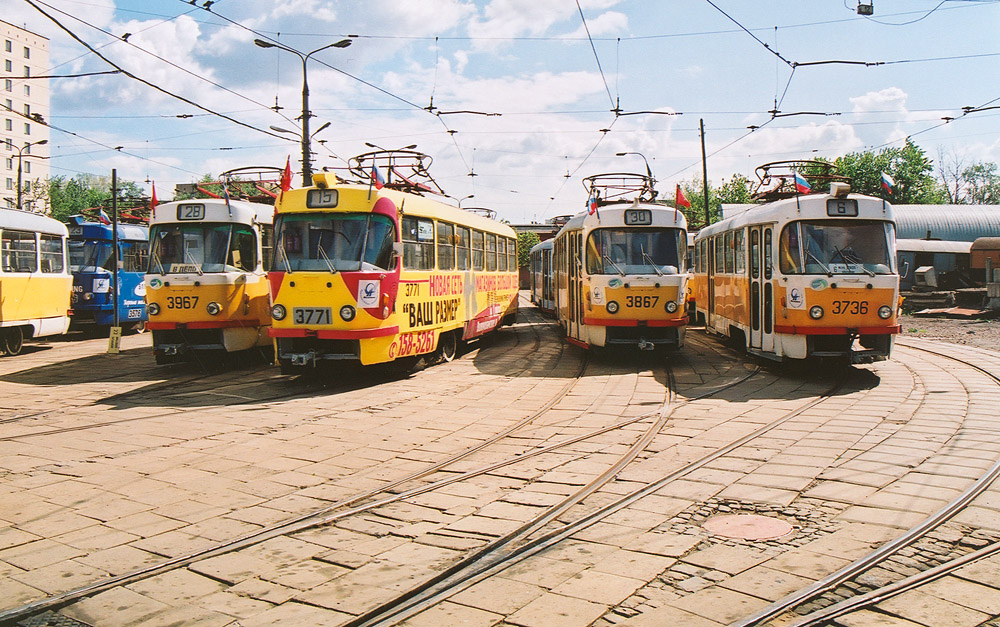 Москва, Tatra T3Т № 3967; Москва, Tatra T3SU № 3771; Москва, Tatra T3SU № 3867; Москва, Tatra T3SU № 3736; Москва — Трамвайные депо: [3] Краснопресненское. Старая территория в Ваганьково (до 2002)
