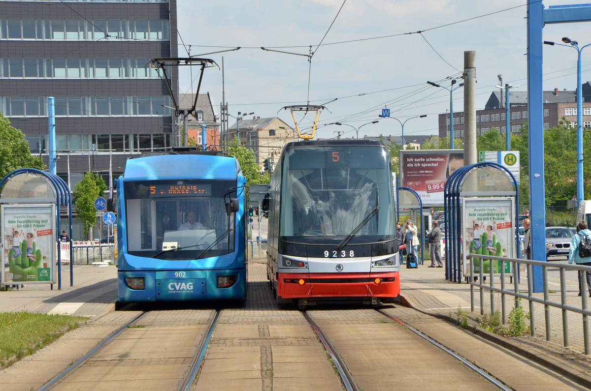 Chemnitz, Bombardier 6NGT-LDZ № 902; Chemnitz, Škoda 15T3 ForCity Alfa Praha № 9238; Chemnitz — Trams from other cities • Fahrzeuge aus anderen Städten
