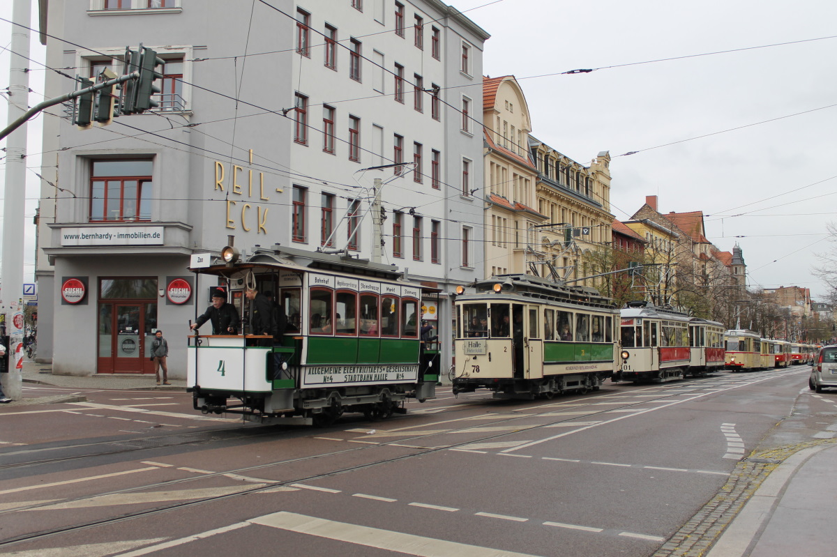 Halle, Herbrand/AEG 2-axle motor car č. 4; Halle — Anniversary: 125 years of electric tramways in Halle (17.04.2016) • Jubiläum: 125 Jahre elektrische Straßenbahn in Halle (17.04.2016)