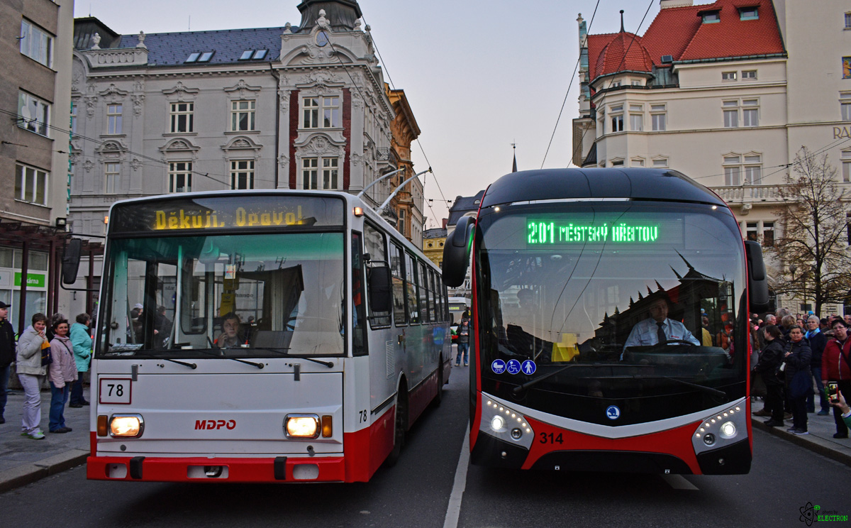 Opava, Škoda 14Tr17/6M # 78; Opava, Škoda 32Tr SOR # 314; Opava — 35 years in service — Bid farewell to trolleybuses 14Tr(M) / 35 let s Vami — symbolické rozlouceni s trolejbusy 14Tr(M)
