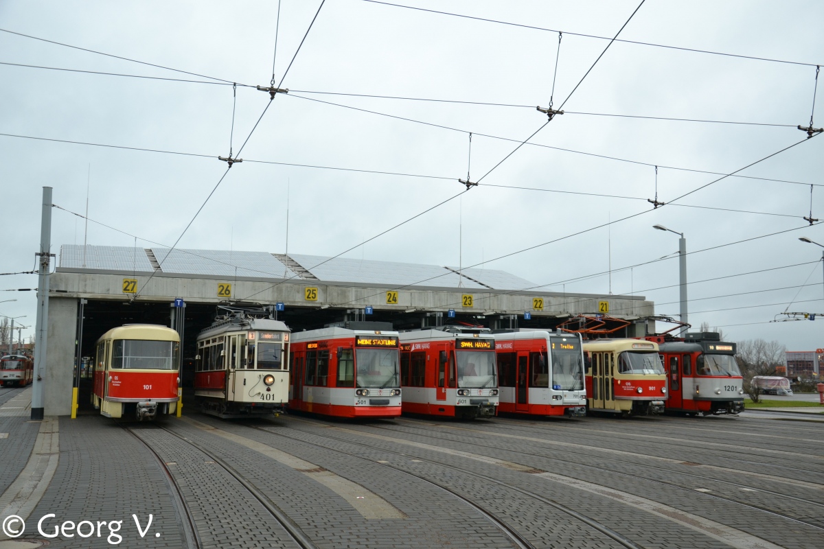 Halle, Tatra B4D — 101; Halle, Lindner/SSW 2-axle motor car — 401; Halle, Duewag MGT6D — 501; Halle, Duewag MGT6D — 601; Halle, Bombardier MGT-K — 701; Halle, Tatra T4D — 901; Halle, Tatra T4DC — 1201; Halle — Official farewell of the Tatra on 30.11.2013 • Offizieller Tatra-Abschied am 30.11.2013
