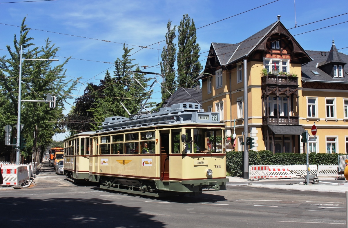 Dresden, Busch 2-axle motor car Nr. 734 (201 305); Dresden — Eröffnung der neuen Straßenbahnstrecke Oskarstraße (04-06.07.2019)
