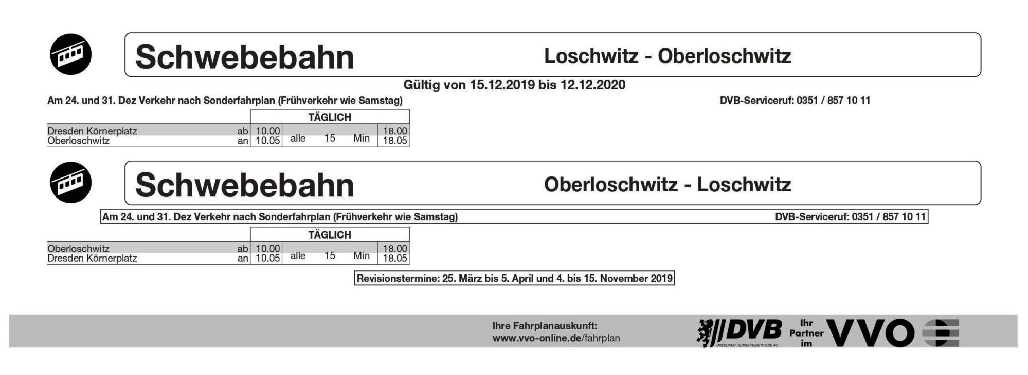 Dresden — Timetables of the Dresden suspension railway