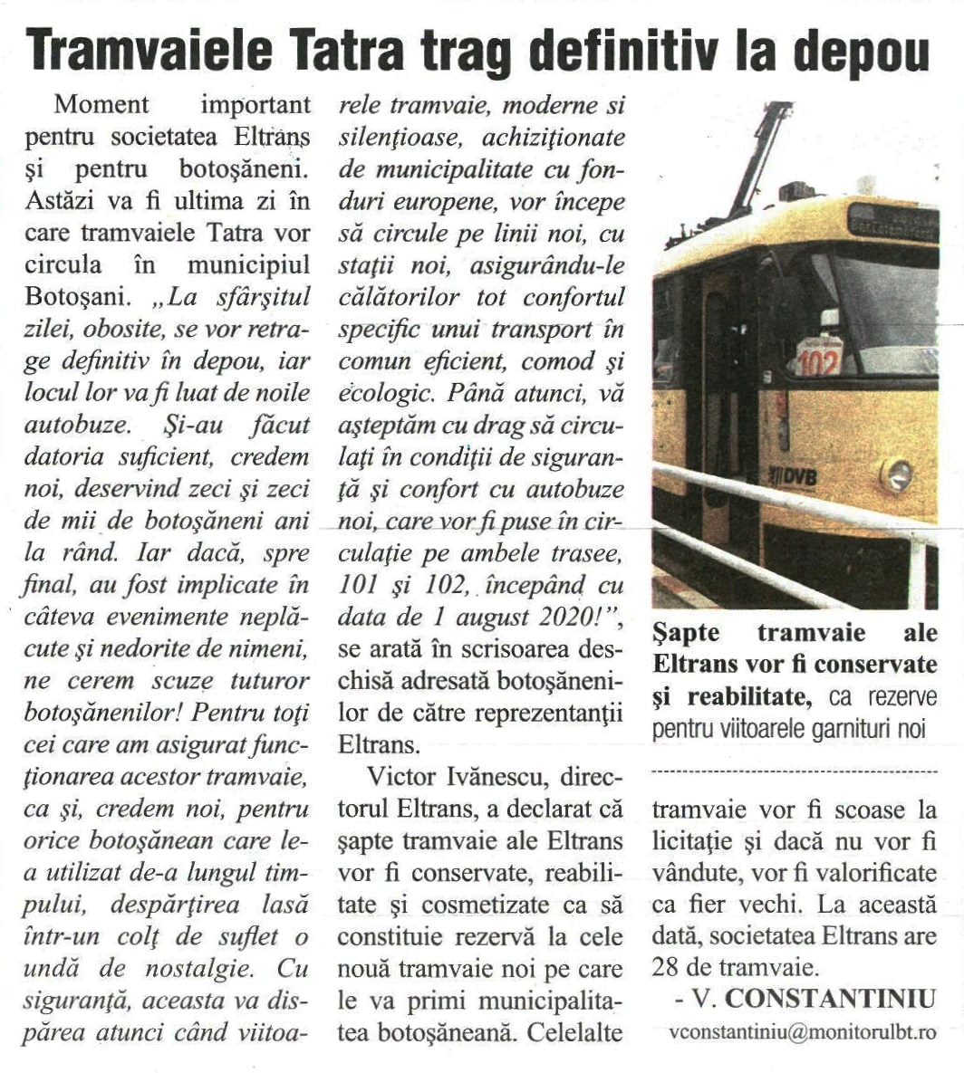 博托沙尼 — Final: Last day of tramway operation in Botoşani (31.07.2020); Transport articles