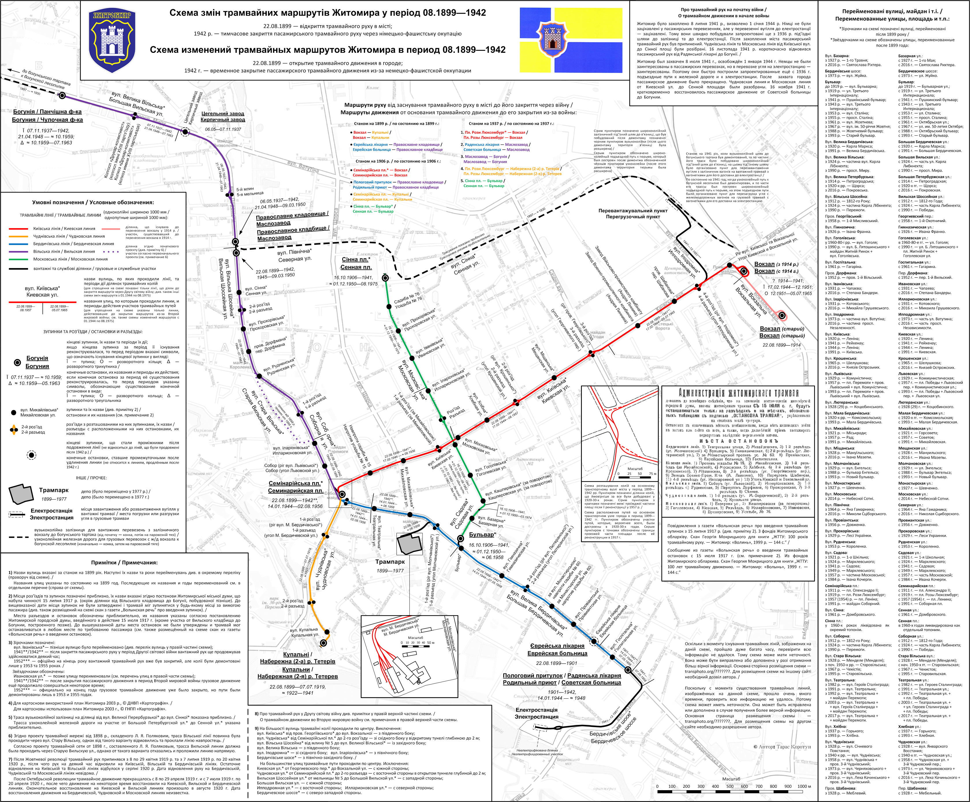 Žytomyr — Maps of changes in the tram network in the 1899—1975
