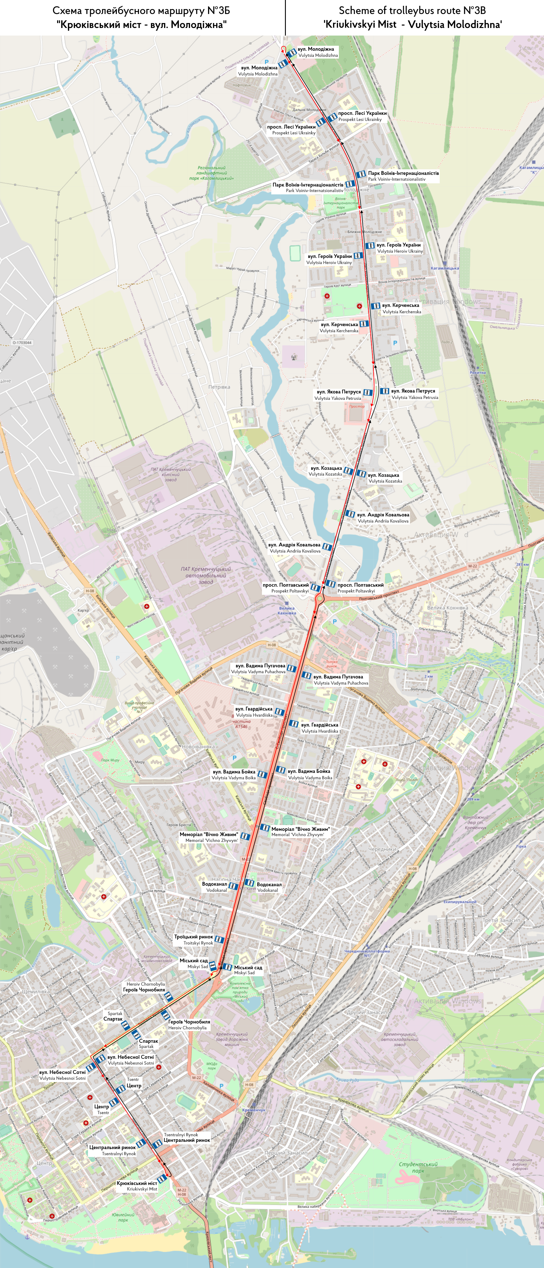 Карты, созданные с использованием OpenStreetMap; Кременчук — Схемы отдельных маршрутов
