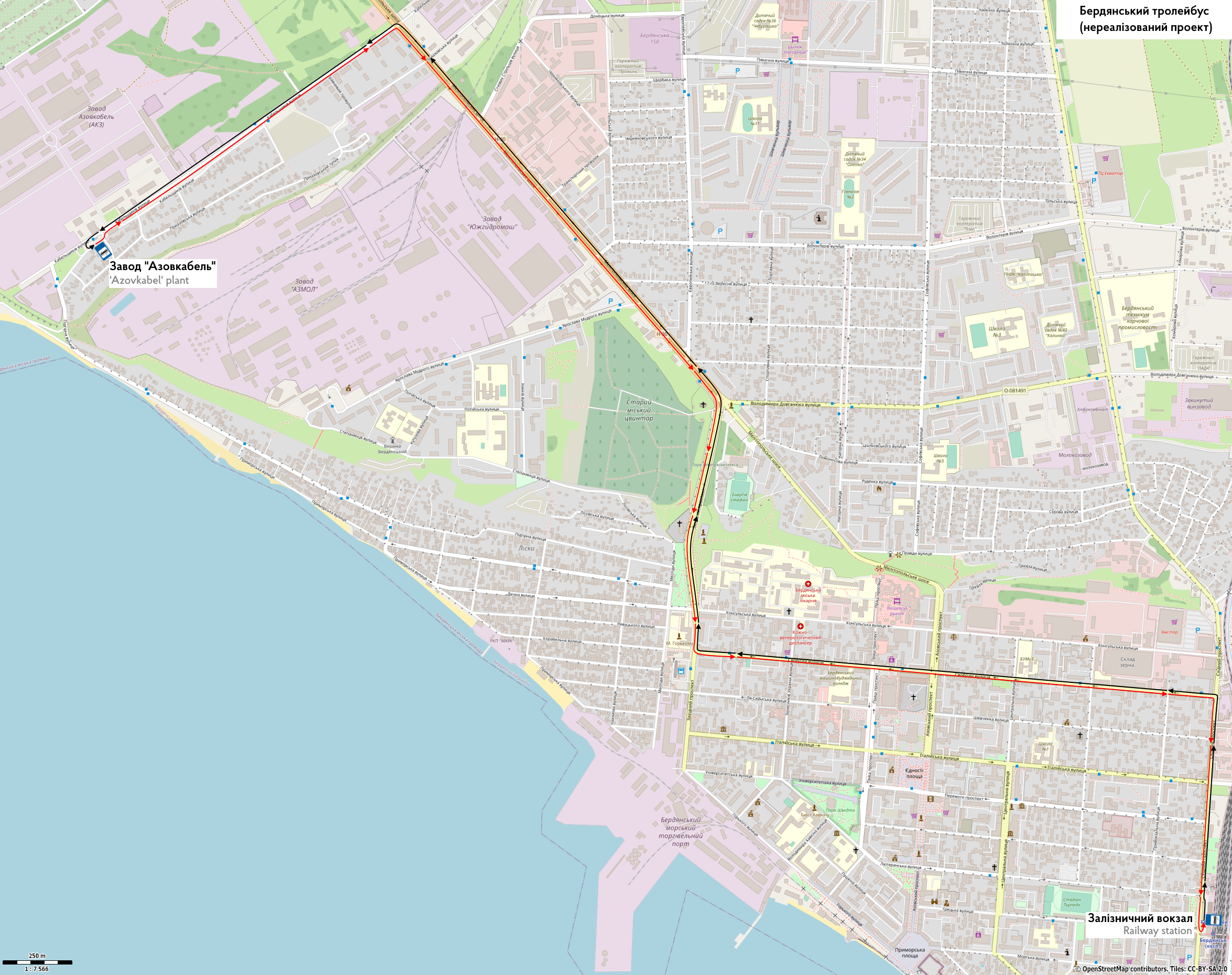 Карты, созданные с использованием OpenStreetMap; Бердянск — Проект "Троллейбусный транспорт Бердянск" — остановлен; Бердянск — Схемы