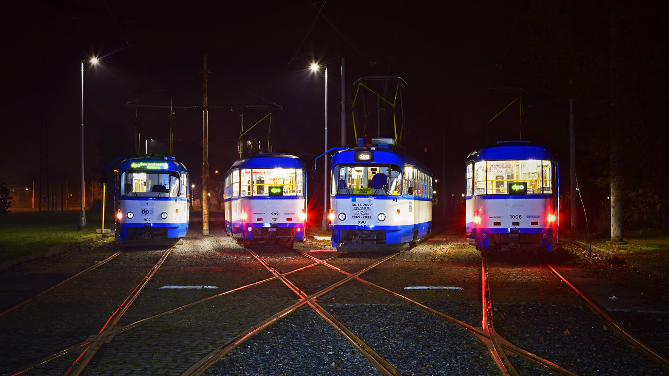 Ostrava, Tatra T3SU № 902; Ostrava, Tatra T3SUCS № 999; Ostrava, Tatra T3SUCS № 990; Ostrava, Tatra T3SUCS № 1006; Ostrava — 30.12.2022 — Farewell with Tatra T3SU(CS) trams