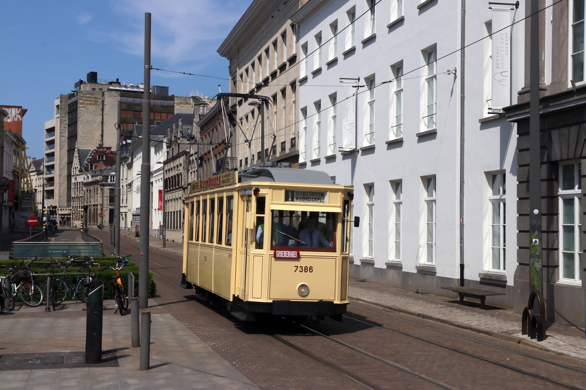 Antverpy, CGTA 4-axle motor car č. 7386; Antverpy — 150 years of tram in Antwerpen (28/05/2023)